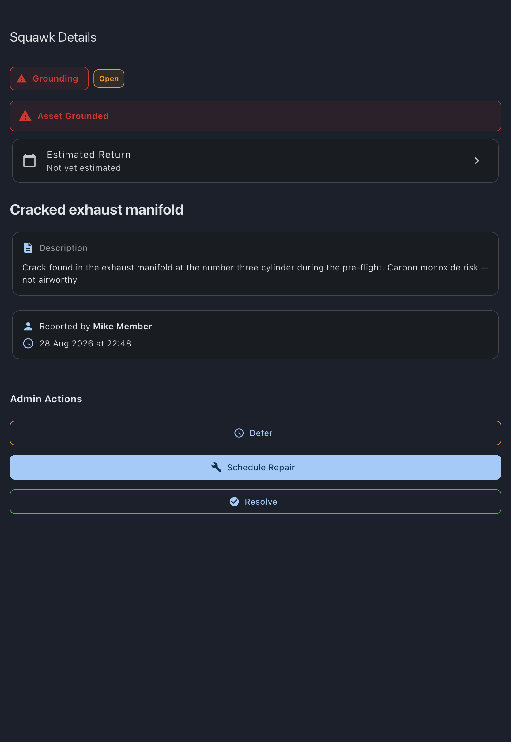 The detail screen of an open grounding squawk, with Schedule Repair listed under Admin Actions