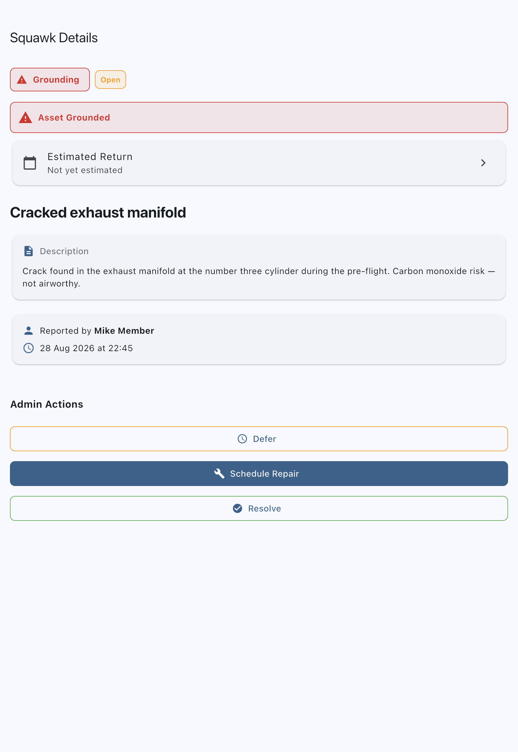 The detail screen of an open grounding squawk, with Schedule Repair listed under Admin Actions