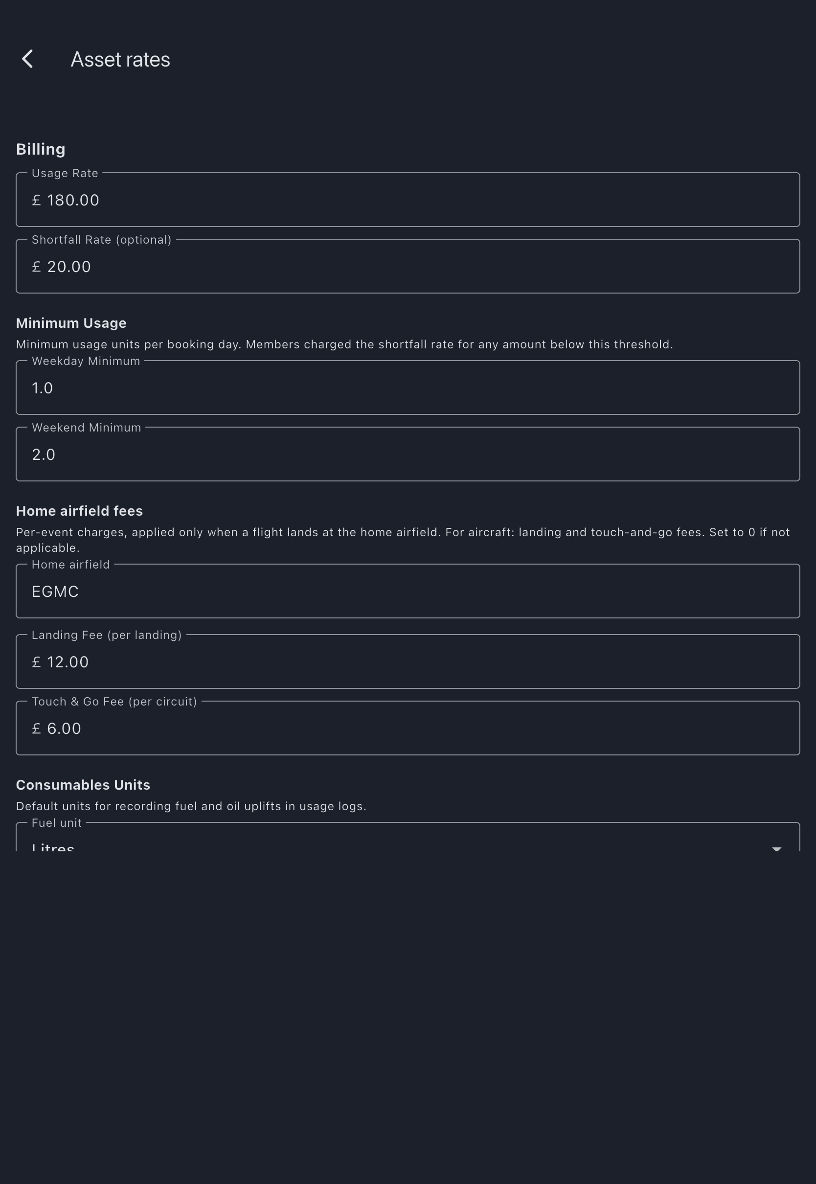 The Asset rates screen with the usage rate and shortfall rate filled in, the weekday and weekend minimums below them, and the home airfield box above the landing and touch-and-go fee fields