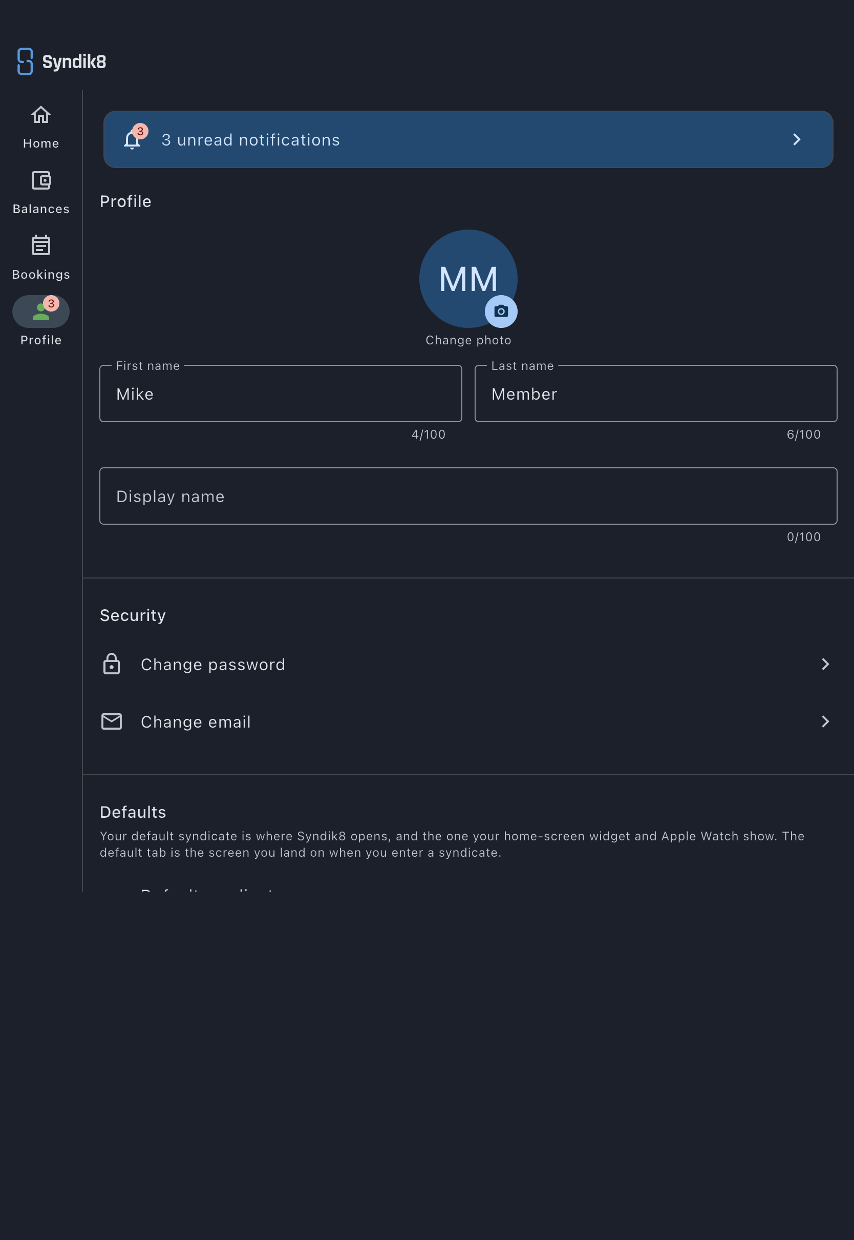 The Defaults card on the Profile screen, with its explainer above the Default syndicate and Default tab in a syndicate rows, and no Favourite asset row beneath them