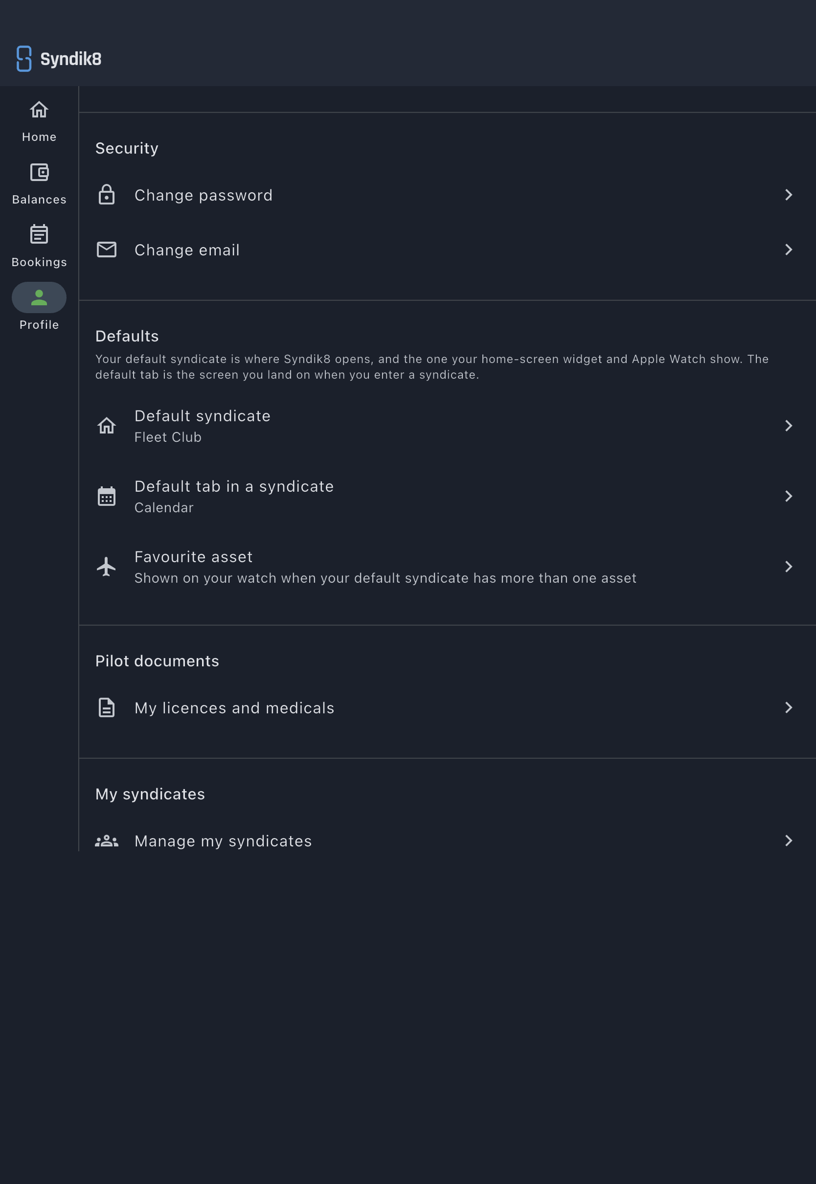The Defaults card with the Favourite asset row at its foot, its subtitle reading that the choice is shown on your watch when your default syndicate has more than one asset