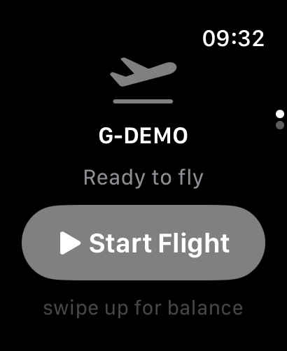 The Start Flight screen showing the aircraft's registration, Ready to fly, and the Start Flight button, with swipe up for balance below