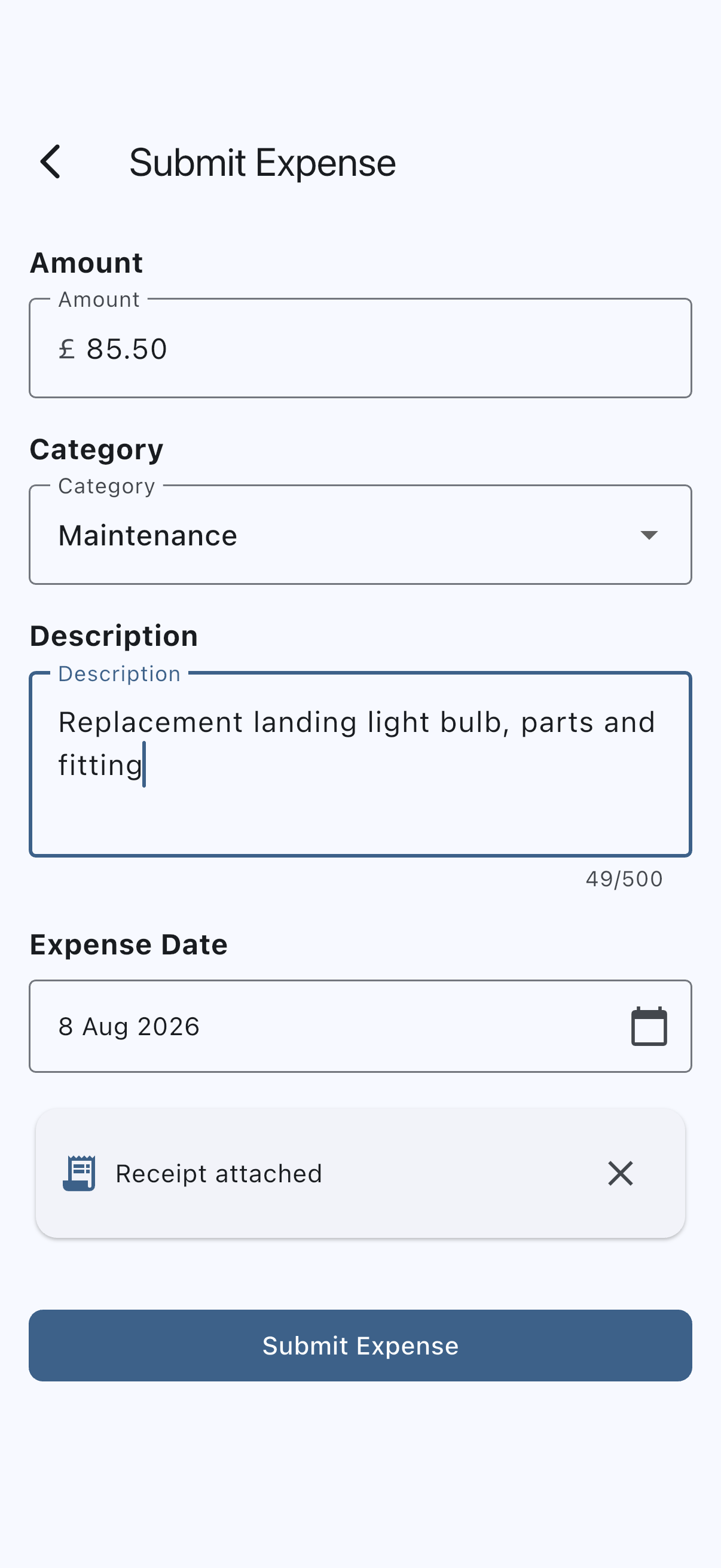 The submit expense form with an amount, a category, a description and an expense date filled in, and a receipt attached