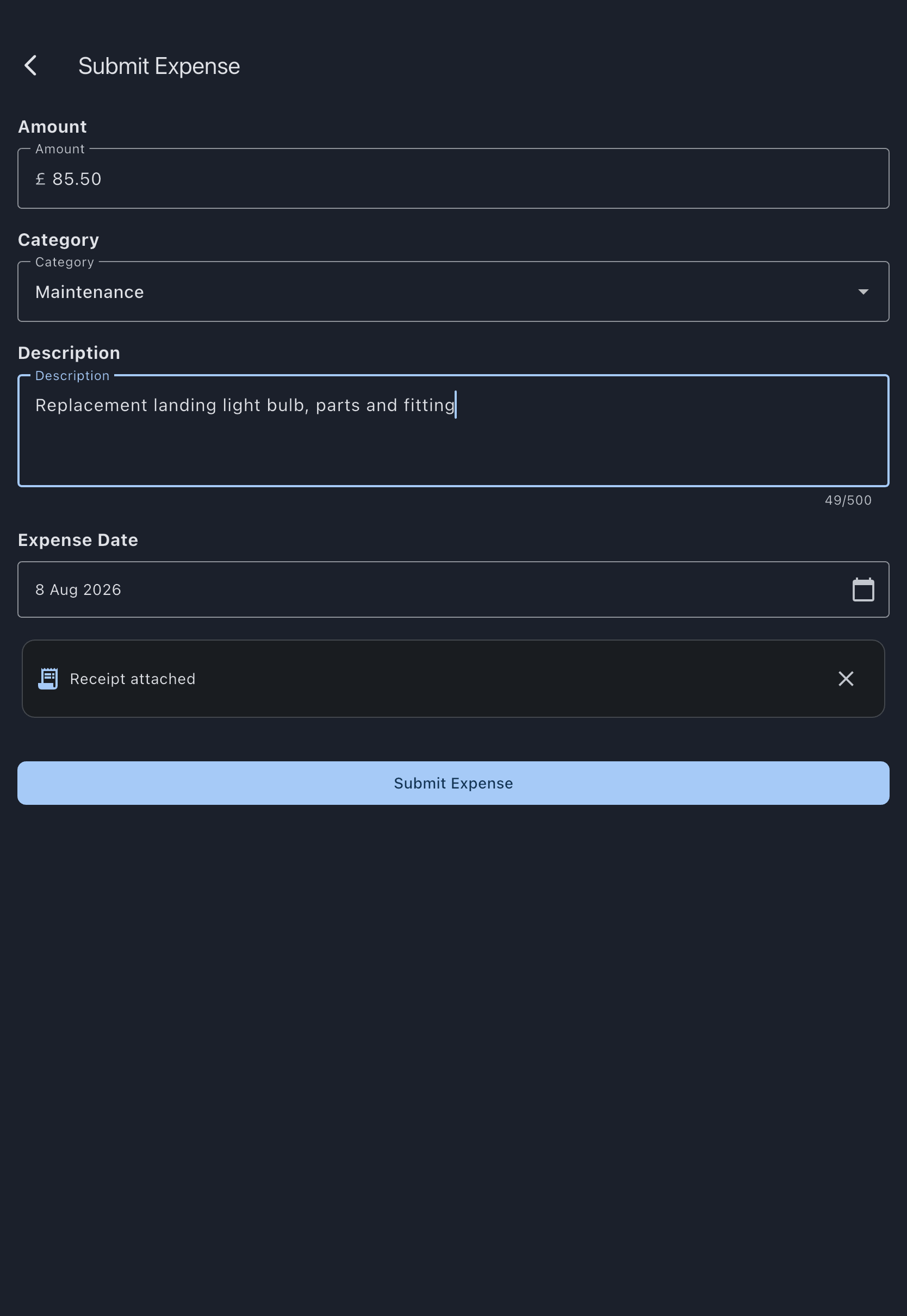 The submit expense form with an amount, a category, a description and an expense date filled in, and a receipt attached