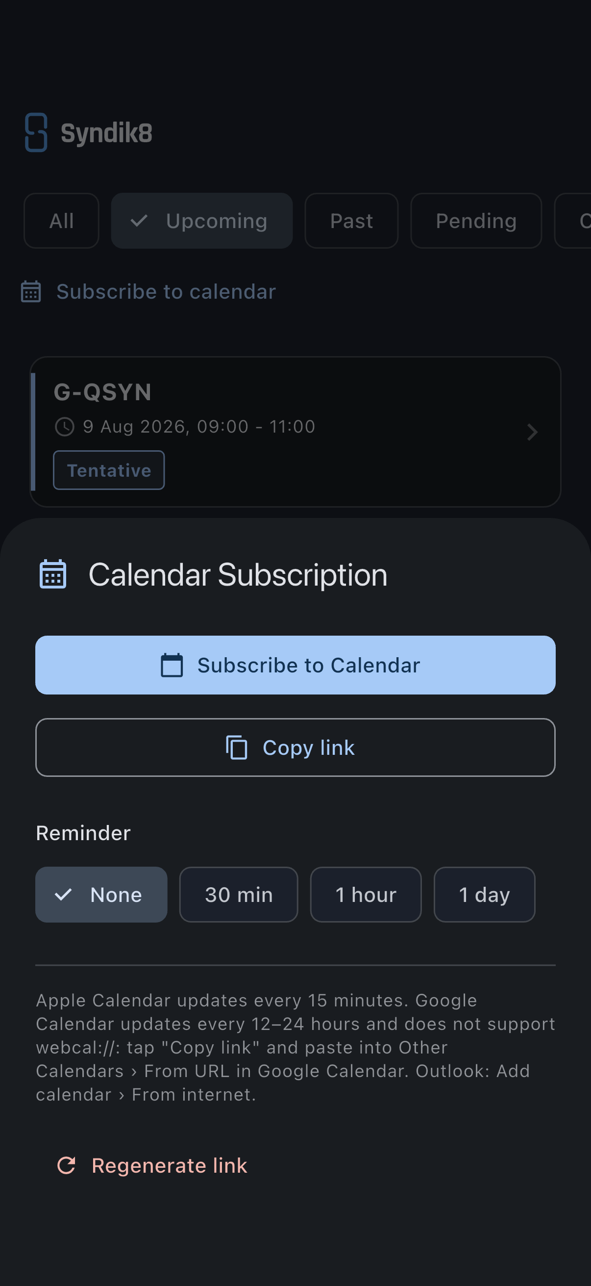 The calendar subscription sheet with the Subscribe to Calendar, Copy link and Regenerate link buttons