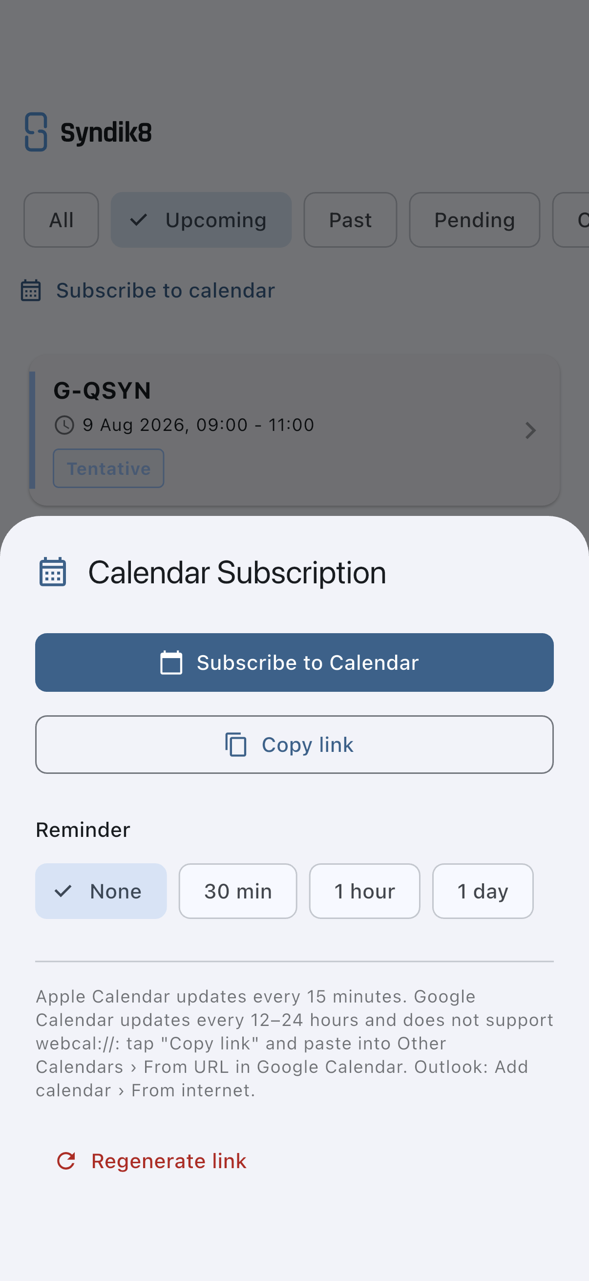 The calendar subscription sheet with the Subscribe to Calendar, Copy link and Regenerate link buttons