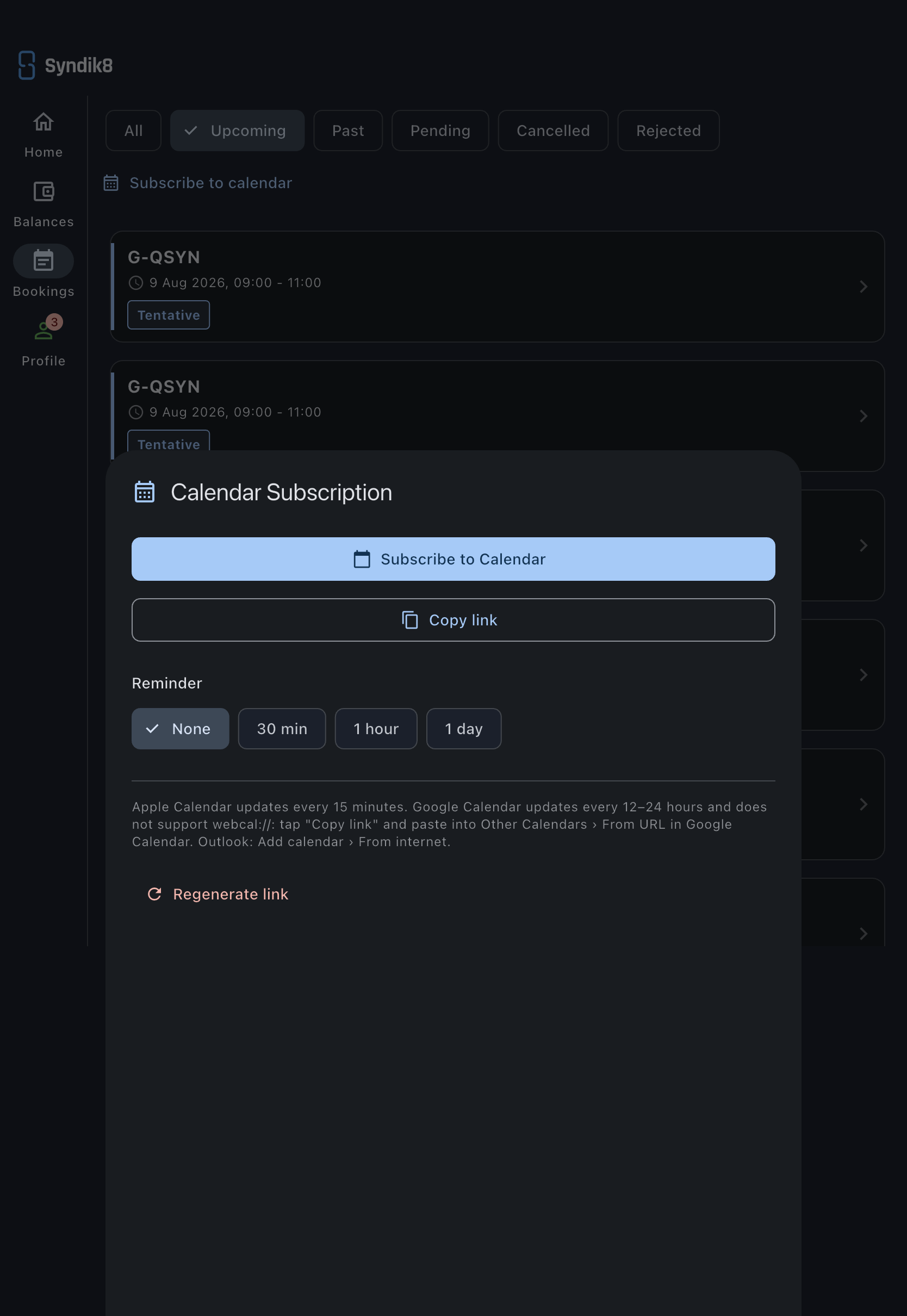 The calendar subscription sheet with the Subscribe to Calendar, Copy link and Regenerate link buttons
