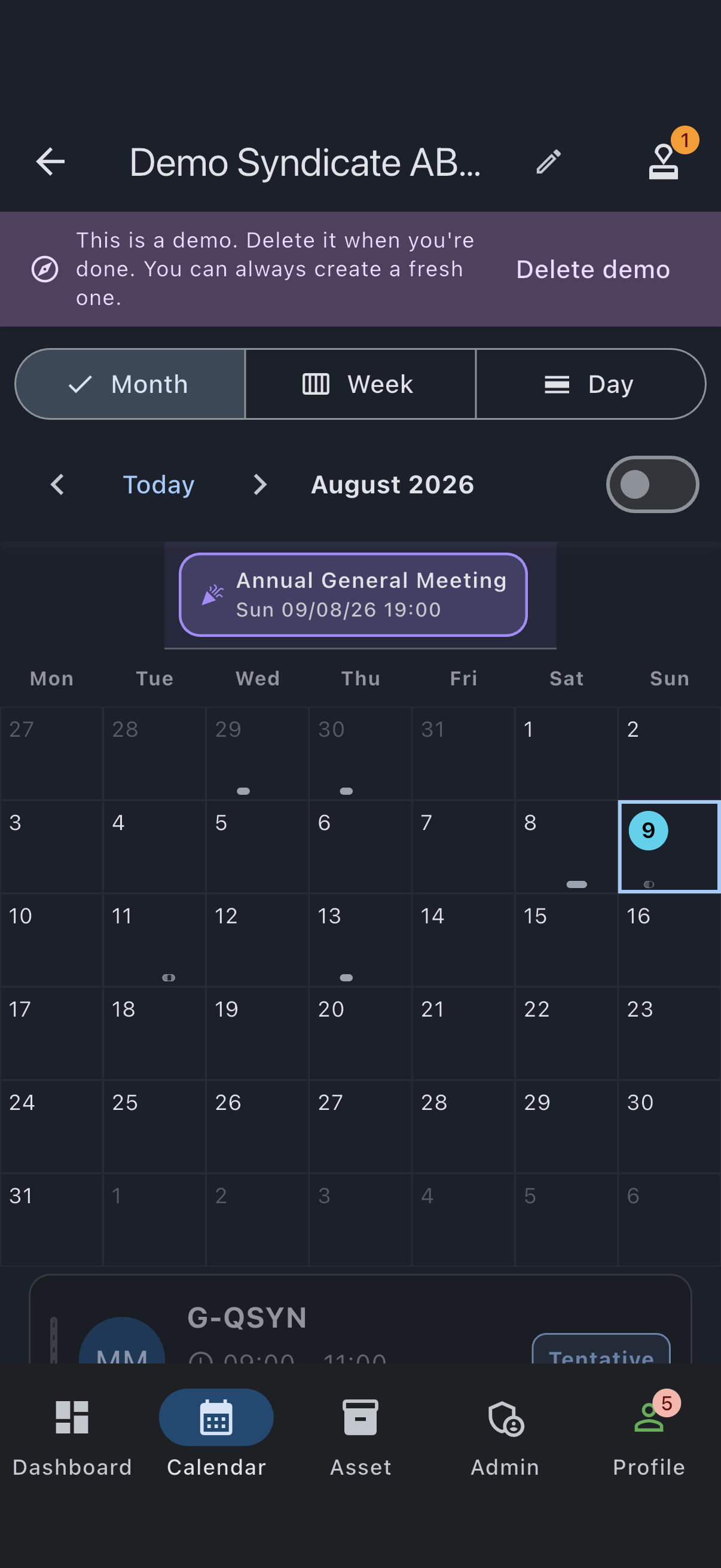 A demo syndicate with the persistent demo banner across the top of the Calendar tab, carrying its Close demo action
