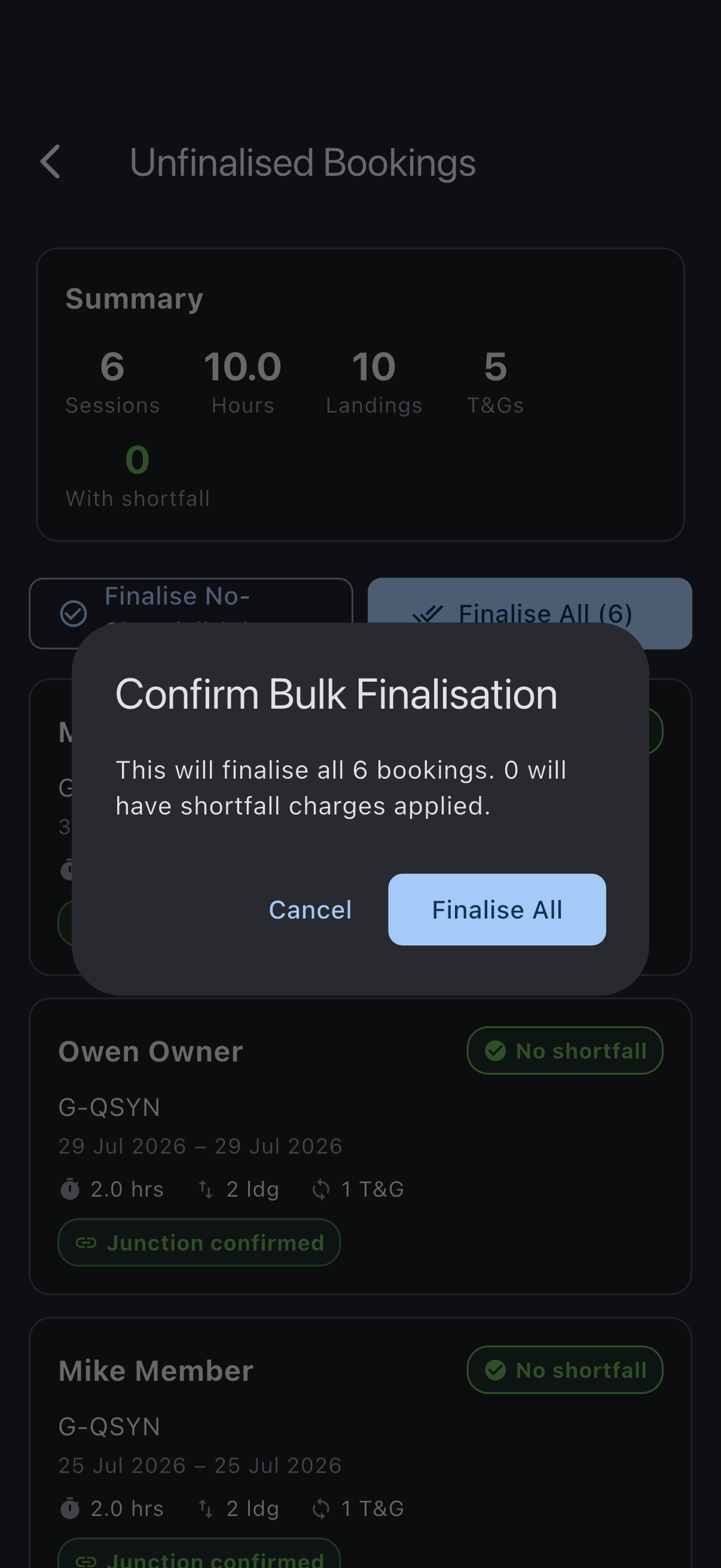 Unfinalised Bookings screen with Finalise No-Shortfall and Finalise All bulk-action buttons
