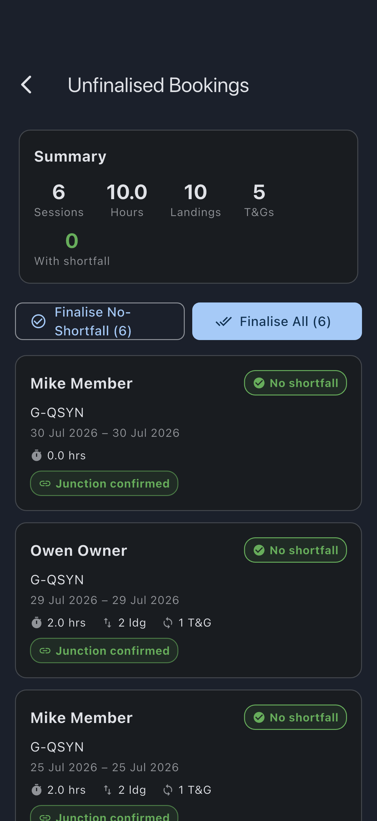 Unfinalised Bookings screen with the summary chips and the list of bookings awaiting finalisation