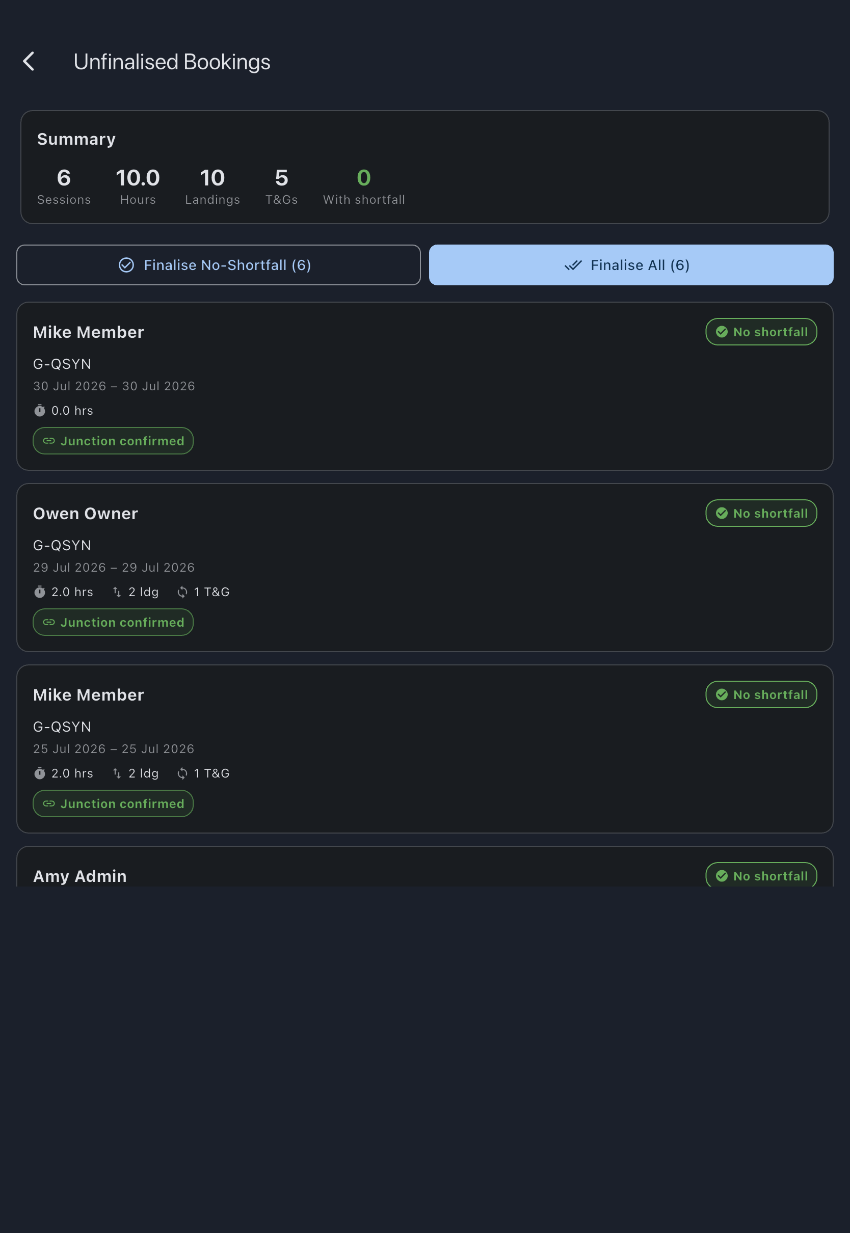 Unfinalised Bookings screen with the summary chips and the list of bookings awaiting finalisation