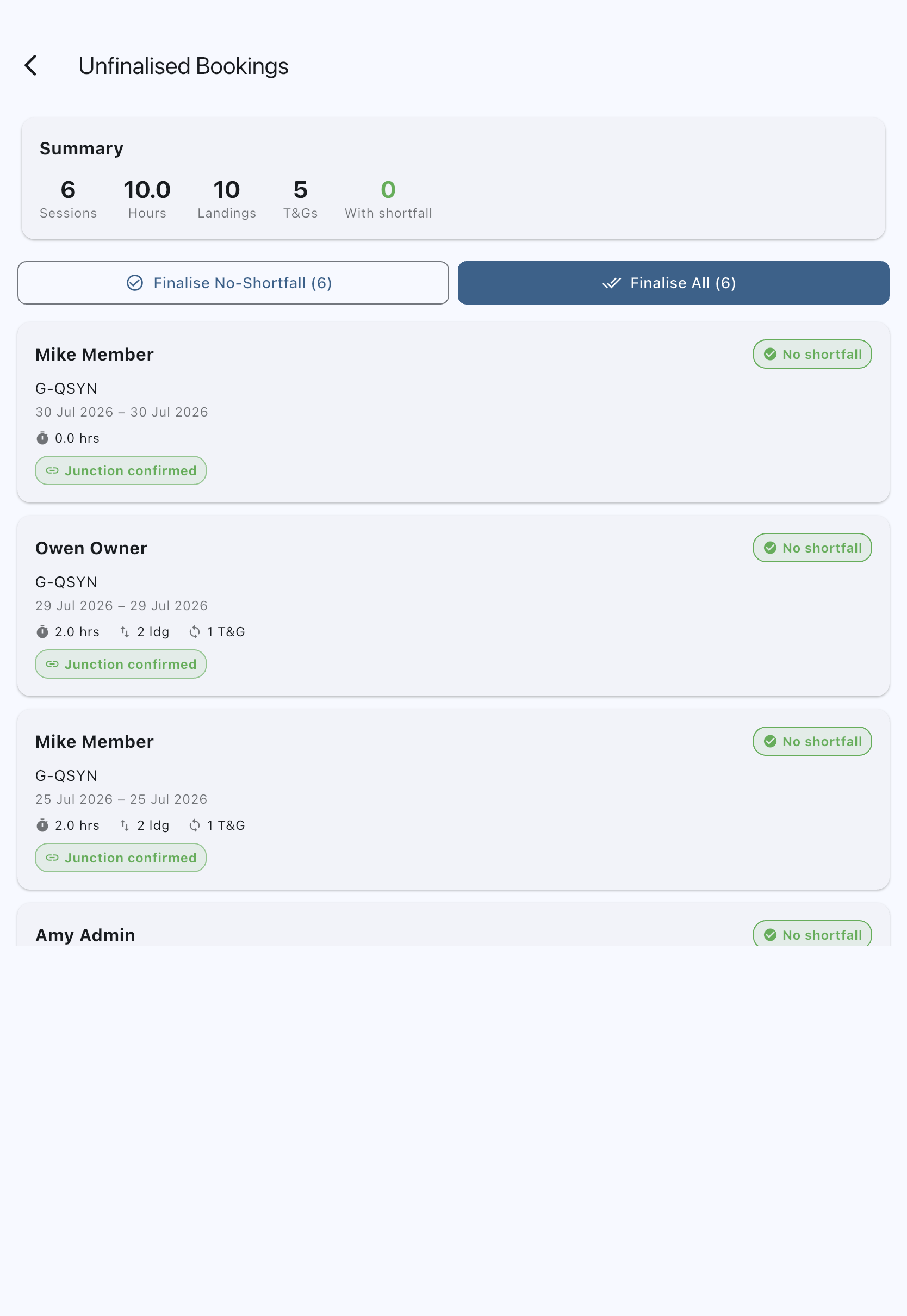 Unfinalised Bookings screen with the summary chips and the list of bookings awaiting finalisation
