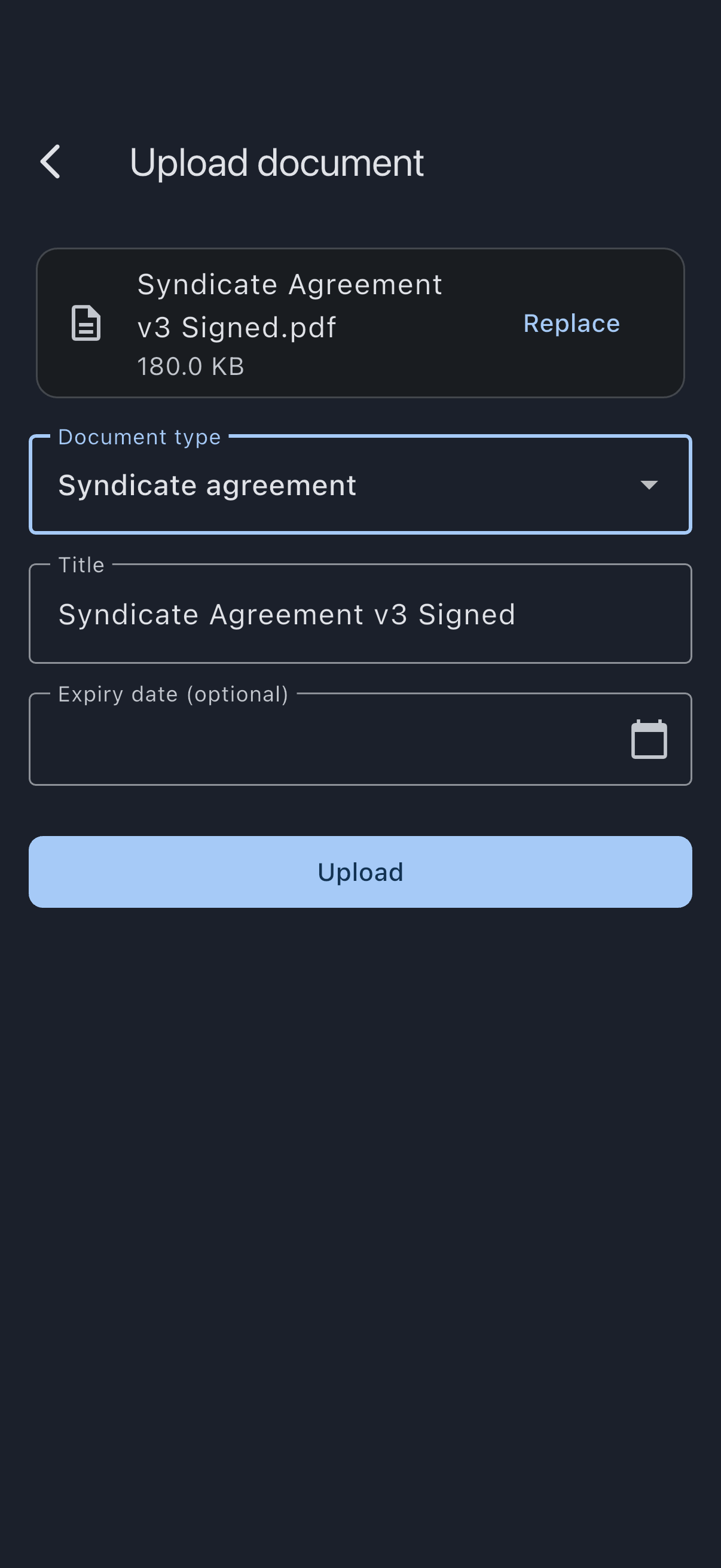 Upload form with the syndicate agreement chosen and the type set to Syndicate agreement