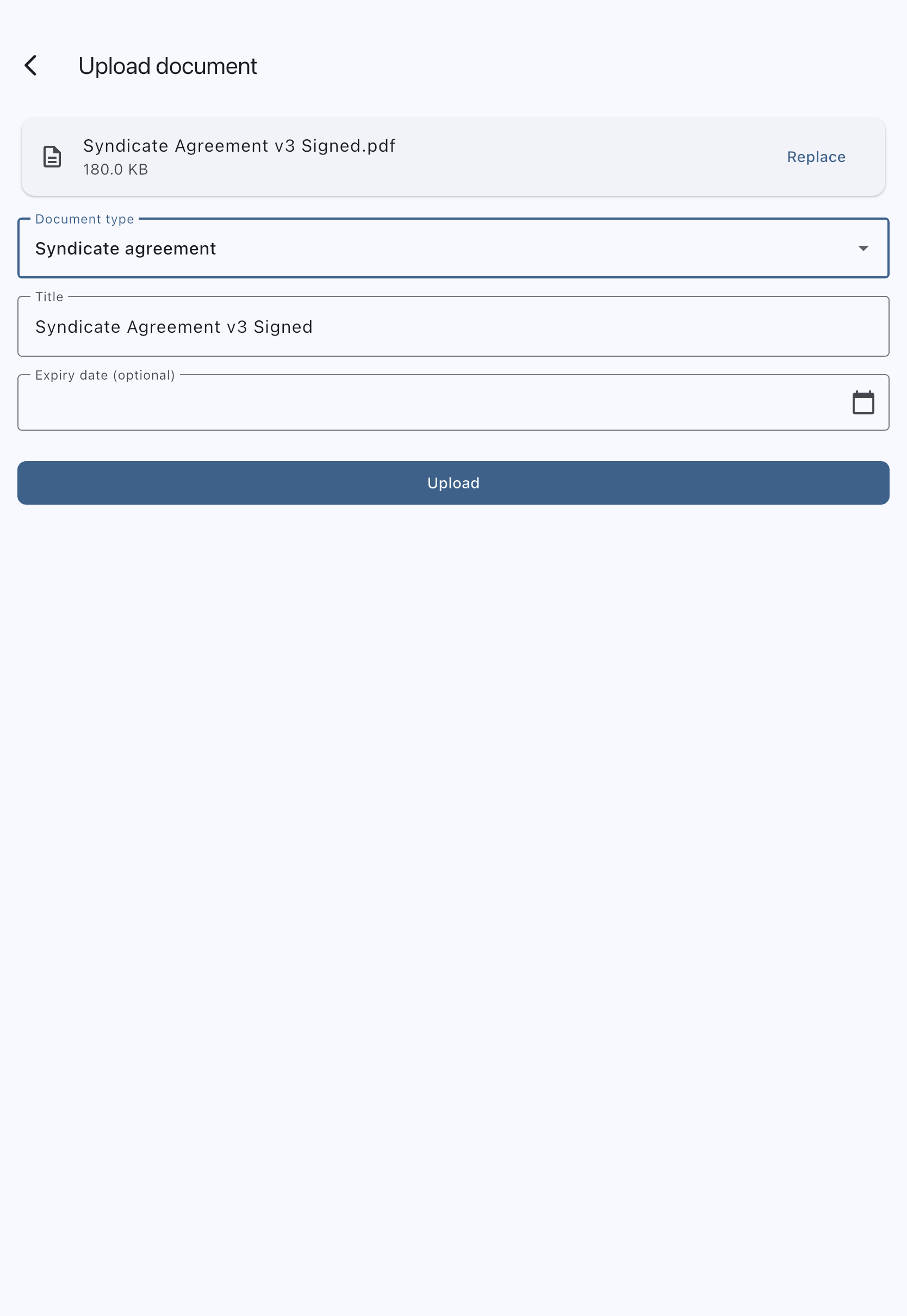 Upload form with the syndicate agreement chosen and the type set to Syndicate agreement