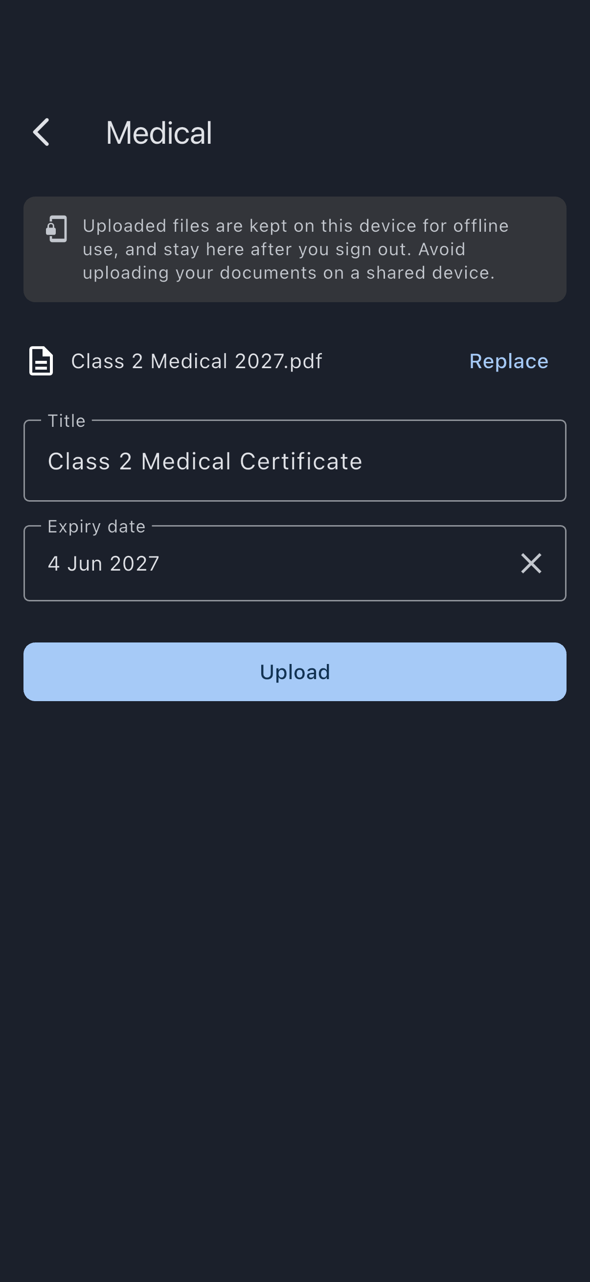 The pilot medical upload form with a certificate file chosen, the title filled in, and the expiry date picked from the calendar