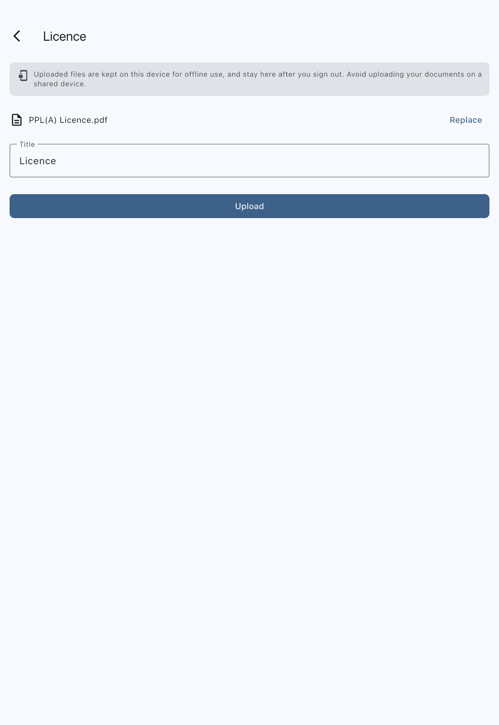 The licence upload form with a licence file chosen and the title filled in, and no expiry field