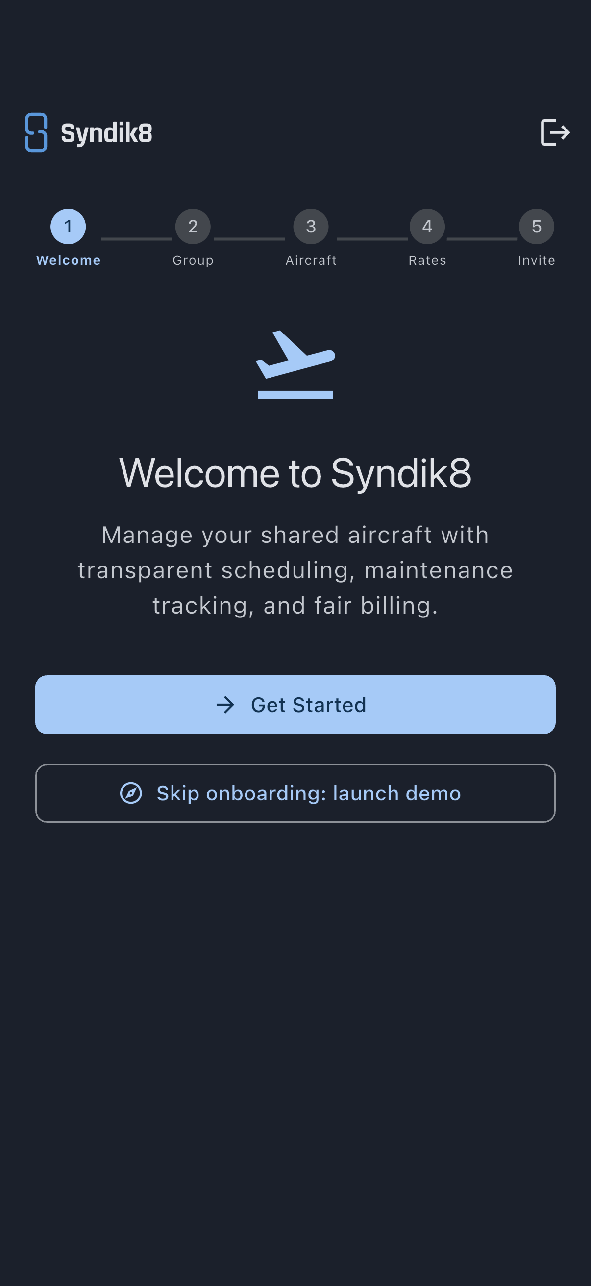 Onboarding welcome screen with a Get Started button and a Skip onboarding: launch demo button
