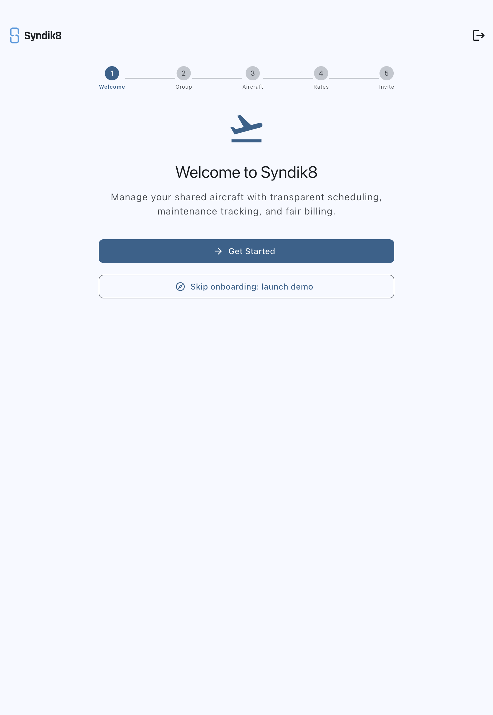 Onboarding welcome screen with a Get Started button and a Skip onboarding: launch demo button